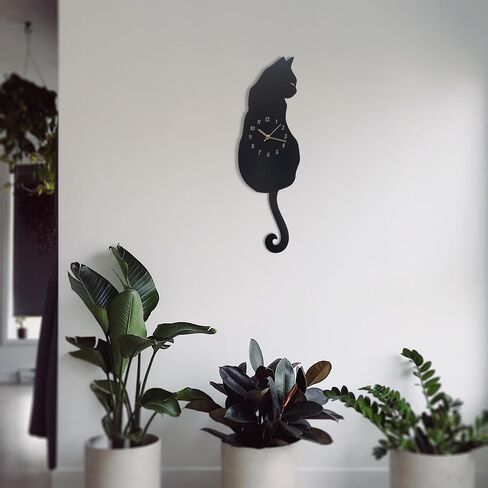 Black Cat Swinging Wall Clock, Cat Clock, Cat Clock with Moving Tail, Funny Wall Clock, Cute Wall Clock, Gift for Cat Lovers, Flat Unnumbered Surface. (Numbered) in Saudi Arabia