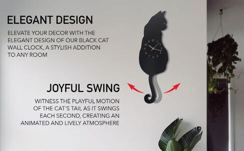 Black Cat Swinging Wall Clock, Cat Clock, Cat Clock with Moving Tail, Funny Wall Clock, Cute Wall Clock, Gift for Cat Lovers, Flat Unnumbered Surface. (Numbered) in Saudi Arabia