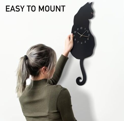 Black Cat Swinging Wall Clock, Cat Clock, Cat Clock with Moving Tail, Funny Wall Clock, Cute Wall Clock, Gift for Cat Lovers, Flat Unnumbered Surface. (Numbered) in Saudi Arabia