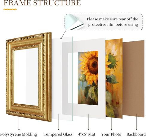 Gold 5x7 Photo Frame with Tempered Real Glass, Vintage Picture Frame for Wall Mount Or Table Top Display, Display Photo 4x6 with Mat Or 5x7 without Mat, 1 Pack in Saudi Arabia