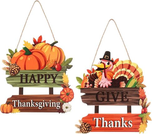 2 Pieces Give Thanks Wood Sign and Happy Thanksgiving Door Sign Thanksgiving Pumpkin Front Door Hanger Turkey Wooden Door Decor for Thanksgiving Party Fall Home Autumn Holiday Door Wall Decoration in Saudi Arabia