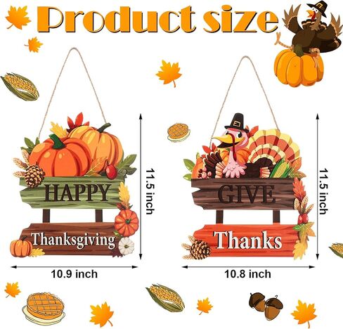 2 Pieces Give Thanks Wood Sign and Happy Thanksgiving Door Sign Thanksgiving Pumpkin Front Door Hanger Turkey Wooden Door Decor for Thanksgiving Party Fall Home Autumn Holiday Door Wall Decoration in Saudi Arabia