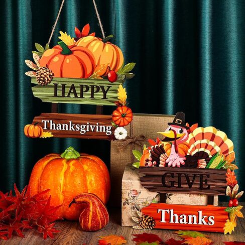 2 Pieces Give Thanks Wood Sign and Happy Thanksgiving Door Sign Thanksgiving Pumpkin Front Door Hanger Turkey Wooden Door Decor for Thanksgiving Party Fall Home Autumn Holiday Door Wall Decoration in Saudi Arabia