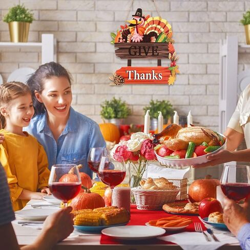 2 Pieces Give Thanks Wood Sign and Happy Thanksgiving Door Sign Thanksgiving Pumpkin Front Door Hanger Turkey Wooden Door Decor for Thanksgiving Party Fall Home Autumn Holiday Door Wall Decoration in Saudi Arabia