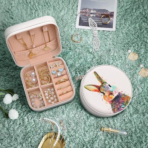 MAYCARI Small Portable Travel Jewelery Box, Cute Rabbit-A Pattern Mini Leather Jewelery Box Organiser for Rings Earrings Necklace Bracelets Jewelry Gift for Women Girls Kids in Saudi Arabia
