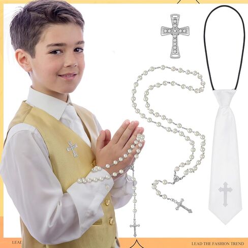5 قطع من إكسسوارات المناولة المقدسة الأولى للأولاد، مجموعة مناولة الأولاد تتضمن 1 ربطة عنق، 1 منديل مطوي مطرز بالصليب، 1 دبوس متقاطع، 1 مسبحة لؤلؤية، 1 شمعة متقاطعة للمعمودية in Kuwait
