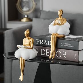 TIMEBUS Gold Decor Reading Statues Decorations for Living Room, 2Pcs Clouds Girl Figurines Shelf Decor Aesthetic, Modern Sculpture Decor for Shelves Bookshelf Coffee Table, Gifts for Women Girls in Saudi Arabia