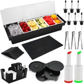 Bartending Supplies - 18" x 12" Bar Mat Garnish Tray with Lid Bar Caddy 3 Tier Bar Glass Rimmer, 2 Plastic Juice Pour Bottles 3 Mini Tongs 12 Classic Liquor Bottle Pourers 500 Cocktail Straws