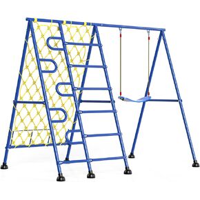 Leikefitness Swing Set for Backyard, Heavy Duty Metal Swing Rack for Indoor and Outdoor Activities, Frame Metal Blue Swing Set with 1 Swing Seat, Climbing Net, and 2 Ladders