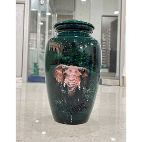 Elephant Cremation Urn for Human Ashes - Dark Green Adult Funeral Urn Handcrafted - Affordable Urn for Ashes Aluminum unrs