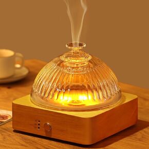 Glass Essential Oil Diffuser Humidifier, 200ml Ultrasonic Aroma Diffusers with Glass Reservoir Wood Base Auto-Off Timer, Dusk Flame Warm Light Dome Air Diffuser for Home