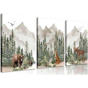 3Pcs Woodland Nursery Wall Art Wild Animals Posters Pictures Foggy Forest Canvas Prints Adventure Theme Kids Wall Decor Watercolor Paintings for Children Boys Room Girls Room Framed