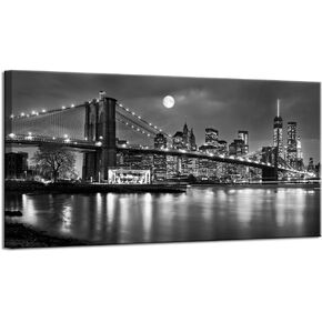 LevvArts - Black and White New York Picture Brooklyn Bridge Canvas Wall Art Full Moon Night Manhattan City Poster Canvas Print Framed Gallery Wrapped Modern Home Office Decoration