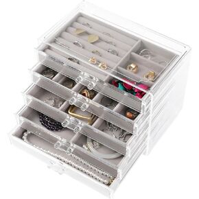 WEIKIMFF Clear Acrylic Jewelry Organizer Box With 3 Drawers, Transparent Storage Box Can Be Stacked,Velvet Tray Can Be Adjusted For Storing Earrings Rings Bracelets Necklaces Gift for Women in Kuwait