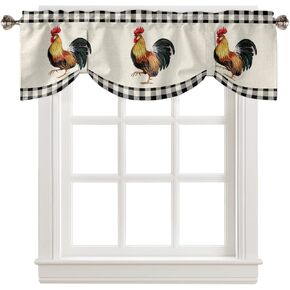Tie Up Valances for Windows, Farm Rooster Kitchen Curtains Valance Window Shade, Farmhouse Animals Rustic Black White Plaid Rod Pocket Window Treatment Tiers Curtains for Living Room/Bedroom 60"x18"