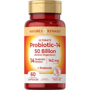 Probiotics with Prebiotics - 120 Capsules - 142 mg - 50 Billion Active Organisms - Vegetarian, Non-GMO & Gluten Free Supplement - by Nature's Reward