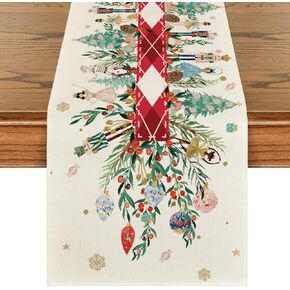Artoid Mode Nutcracker Floral Holly Christmas Table Runner, Seasonal Winter Kitchen Dining Table Decoration for Home Party Decor 13x72 Inch