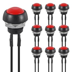 10Pcs 12mm Momentary Push Button Switch 1/2" Mounting Hole On Off Mini Round Waterproof Black with Pre-soldered Wires-Red
