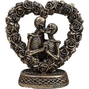Ebros Gift Love Never Dies Wedding Roses On Heart Wreath Skeleton Couple Faux Bronze Figurine 'Until Death Do Us Part' Day of The Dead DOD Bridal Vow Ossuary Macabre Graveyard Boudoir Accent