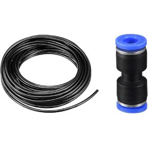 MECCANIXITY Pneumatic Tubing 6mm x 4mm PU Air Hose Pipe 10 Meter 32.8ft Black with 5pcs 15/64" OD Push to Connect Fittings Quick Connect Straight Push Connector