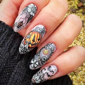 24 Pcs Halloween Press on Nails Long Almond Fake Nails Gothic RIICFDD False Nails With Pumpkin Head Spider Web and Flower Pattern Designs Full Cover Glue on Nails for Women and Girls