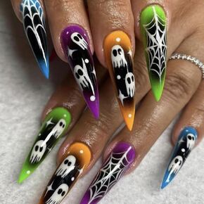 24 Pcs Halloween Press on Nails Long Almond Fake Nails Gothic RIICFDD False Nails With Pumpkin Head Spider Web and Flower Pattern Designs Full Cover Glue on Nails for Women and Girls