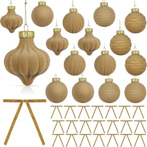 45 Pcs Velvet Christmas Ball Ornaments and Velvet Wreath Bow, 15 Flocked Christmas Tree Hanging Ball 30 Vintage Velvet Ribbon Bows, Xmas Decor Holiday Party Supplies (Khaki, 3.15 inches)