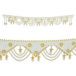 Decorative Toran Door Hanging Artificial Bandanwar Beads Wall Toran Wall Hanging for Main Door Entrance Window Home Temple Living Room Home Valance Festival Decorations (Size:-38"X6")(White & Golden)