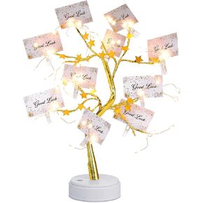 Coume Money Tree Gift Card Holder LED Birch Twig Tree Lights Tabletop Gold Silver Display Money Tree with 15 Clear Clips for Money Christmas Wedding Card Photo Birthday Card Holder(Star Style)
