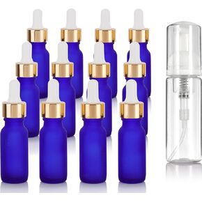 JUVITUS 0.5 oz / 15 ml Frosted Cobalt Blue Glass Boston Round Bottle with Gold Dropper (12 Pack) + Travel Foam Bottle