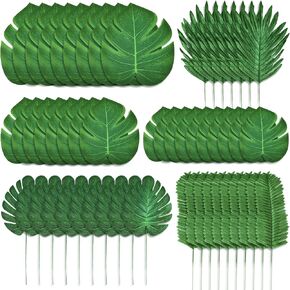 EBOOT 252 Pcs Artificial Palm Leaves 6 Kinds Faux Tropical Monstera Leaves Safari Jungle Leaves with Stems for Hawaiian Luau Birthday Theme Party Table Leave Decorations