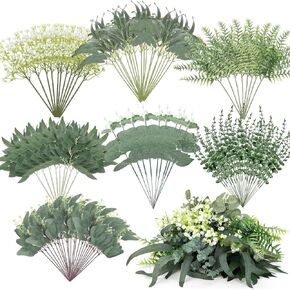 Ceenna 150 Pcs 7 Kinds Mixed Eucalyptus Leaves Stems Bulk Artificial Eucalyptus Leaves Sprays Silver Dollar Eucalyptus Faux Greenery Picks Bundle for Wedding Vase Floral Arrangement Decor