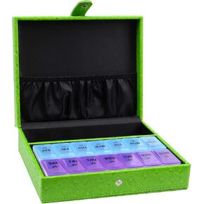 Leather 7 Day AM/PM Pill and Medication Organizer (Green)