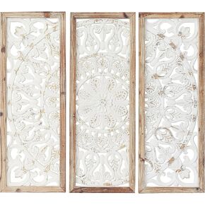 Deco 79 Wood Floral Home Wall Decor Intricately Carved Wall Sculpture with Mandala Design, Set of 3 Wall Art 35", 35", 35"H, White