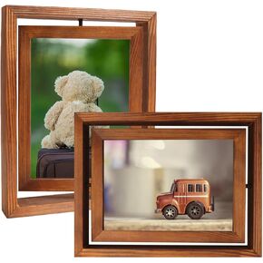 Fixwal 4 Pack 5x7 Rotating Picture Frame, Solid Wood Frame with Double-sided Real Glass, Photo Frame for Tabletop Display, Rustic Style Carbonized Brown