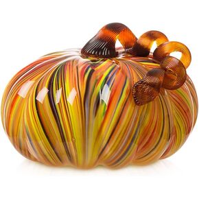 Glitzhome 6.5 Inch Hand Blown Rainbow Striped Glass Pumpkin Table Accent