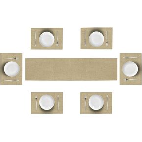 Table Runner and Placemats Set of 6 for Kitchen Dining Table Farmhouse Style Thick Linen Double Layer Heat Resistant Washable Place Mats Set/ Beige