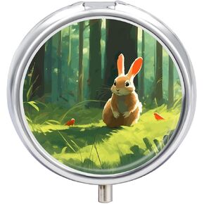 Small Travel Pill Case, Round Metal Pill Box for Pocket Purse, 3 Compartment Portable Pill Holder, Mini Pill Organizer for Travel or Daily - Rabbit