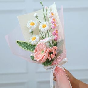 Crochet Flower Bouquet Handmade Knitted Lily Tulip Flower Yellow Floral with Greeting Card