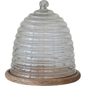 Creative Co-Op Reclaimed Etched Glass Beehive Shaped Cloche with Mango Wood Base, Clear and Natural, Large