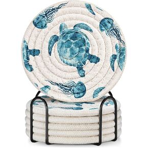 Cup Coasters for Drinks Absorbent - for Coffee Wooden Table Office Cute Farmhouse Cool Outdoor Desk Kawaii Woven Unique Ocean Beach Women Kids Soft Cloth Braided Fabric Coaster with Holder