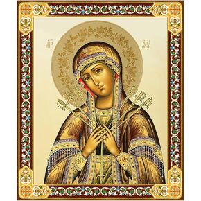 Needzo Wooden Virgin Mary Seven Swords Icon with Gold Foil Details, Catholic Orthodox Wall Decor, 4 ¾ x 4 Inches
