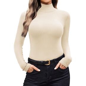 Ekouaer Women Turtleneck Shirt Long Sleeve Layer Tops Basic Ribbed Tees Soft Stretch Thermal Undershirts Lightweight Blouse