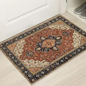 SHACOS 3x5 ft Area Rug Machine Washable Rug Boho Entryway Rug Soft Indoor Doormat Vintage Design Non Slip Low Pile Ultra Thin Carpet for Living Room Bedroom Kitchen Dining Room, Terracotta/Black 3'x5'