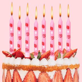 12 Pcs Berry Theme Birthday Candle Pink Cake Topper with Strawberry Cake Candle for Fruits Baby Shower Kids Birthday Berry Strawberry Theme Cake Decorations Party Supplies