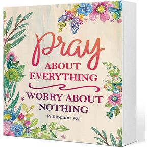 Philippians 4:26 Pray About Everything Worry About Nothing Floral Wooden Sign Desk Decor,Bible Verse Wood Block Sign Desk Decorations for Christian Home Bedroom Girls Room Office Shelf Table Decor