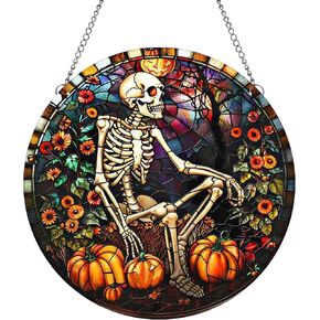 MATIHAY Glow in The Dark Halloween Wall Decor, Luminous Spooky Ghost Skull Skeleton Acrylic Window Hanging Ornament for Living Room Kitchen Halloween Decorations (Skeleton, 7.9"/20cm)