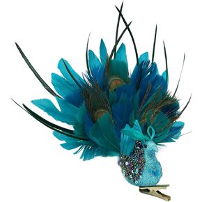 LWINGFLYER Peacock Clip on Ornaments Glitter Artificial Feathered Birds for Wedding Home Decor Christmas Tree Decoration Arts and Crafts - Teal Blue Green Colored (1 Pack Displayed Tail)