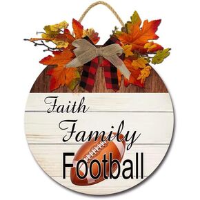 Faith Family Football Sign Front Door Hanging Seasons Sign Outdoor Rustic Round Wood Wreath Wall Decor Farmhouse Porch Wreaths Decors Housewarming Gift Soccer Round 12'' (FLWOODTIS90201_40Q)