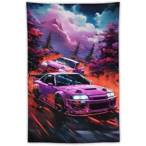 Japanese JDM Car S13 Purple Race Drifting Speed Anime Cool Tapestry Wall Hanging for Bedroom Aesthetic Art Home Decor Dorm Classroom Living Room Tapestries 40"x60"